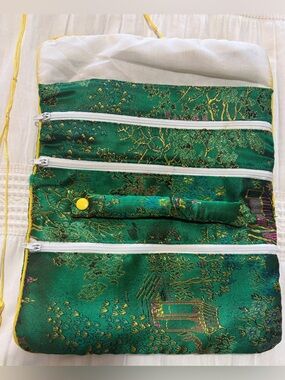 Vintage Emerald Green Chinese Satin Silk Travel Organizer Tie Pouch